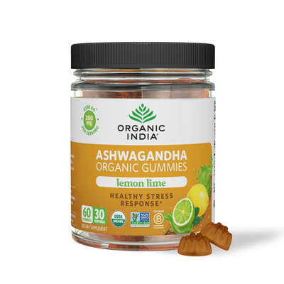 Ashwagandha organic gummies lemon lime flavor in glass supplement jar