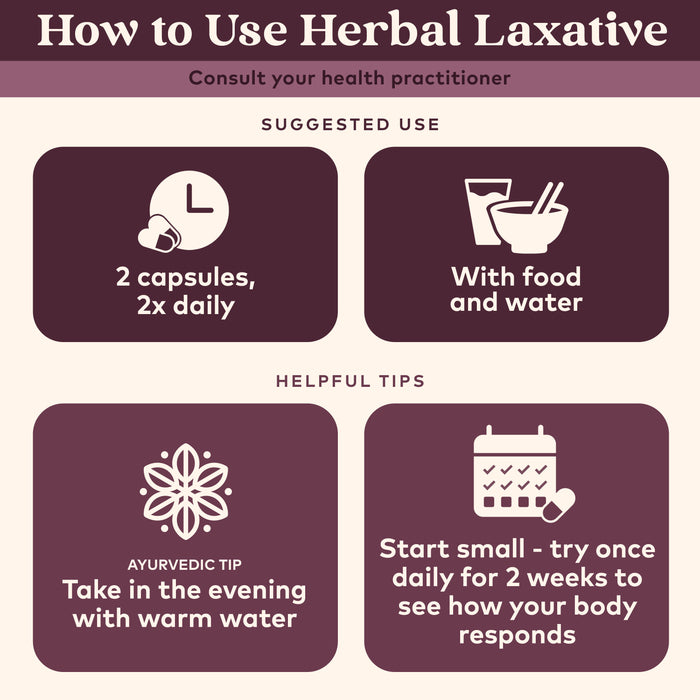 How to use organic herbal laxative capsules 2 caps 2x daily but if first time using try one daily to see how it goes.