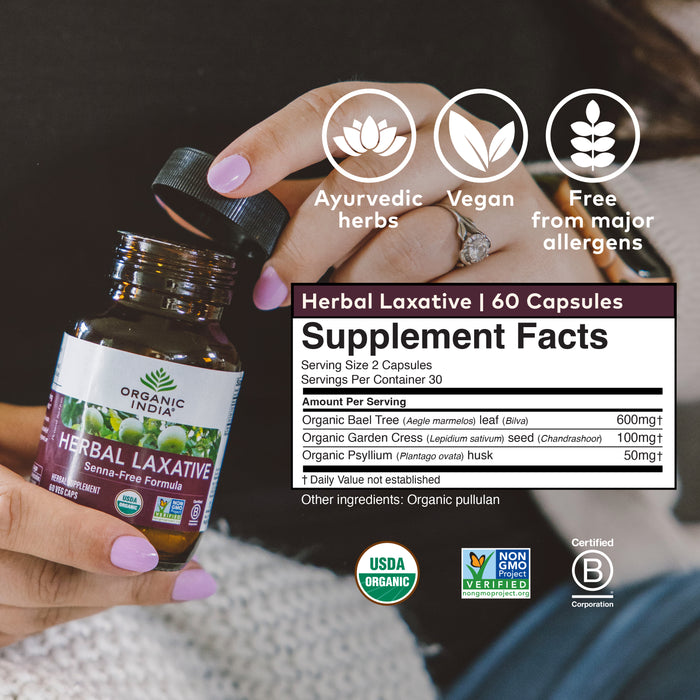 Organic herbal laxative supplement facts label 2 capsules with 600mg bael leaf, 100mg garden cress, 50mg psyllium