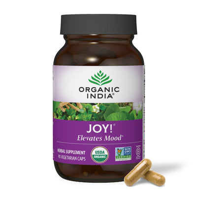 Organic Joy! herbal mood capsules in glass capsule jar