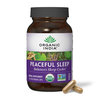 Peaceful sleep support organic herbal capsules in glass jar