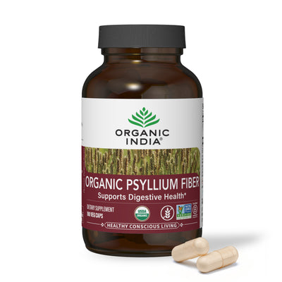 Organic psyllium fiber capsules in glass jar for digestive support