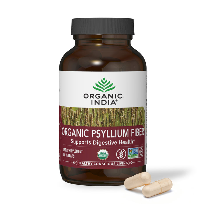 Organic psyllium fiber capsules in glass jar for digestive support