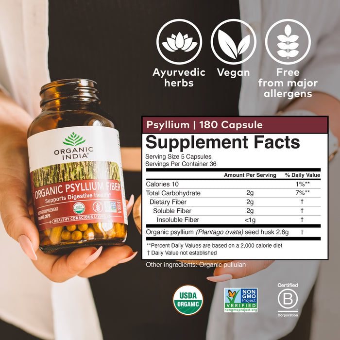 Organic psyllium fiber capsules supplement facts 5 capsules daily at 36 servings per jar.