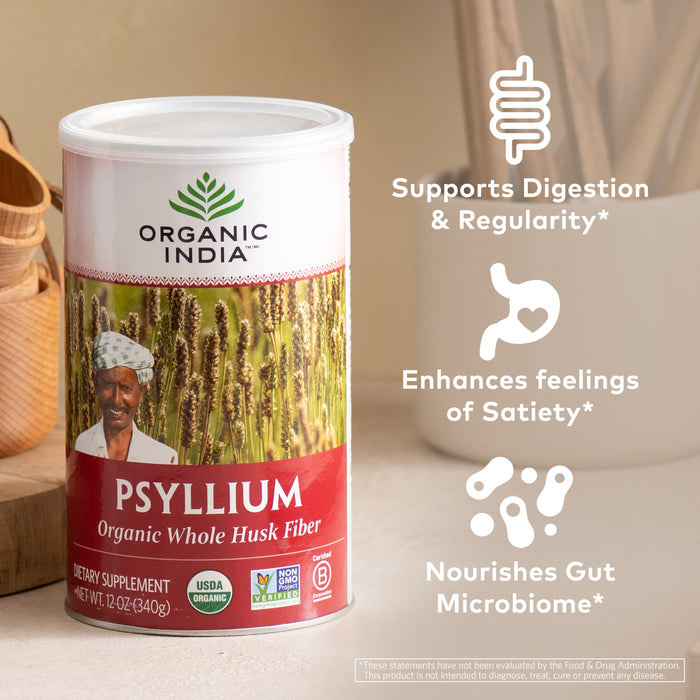 Organic Psyllium Whole Husk Fiber, 12oz, vegan, gluten-free, for digestion and regularity.