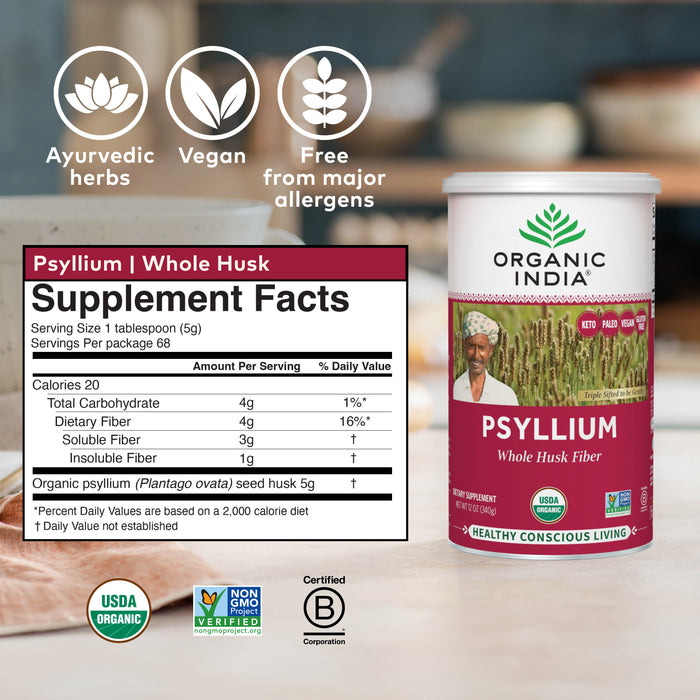 Organic Psyllium Whole Husk Fiber, 12oz, vegan, gluten-free, regeneratively grown
