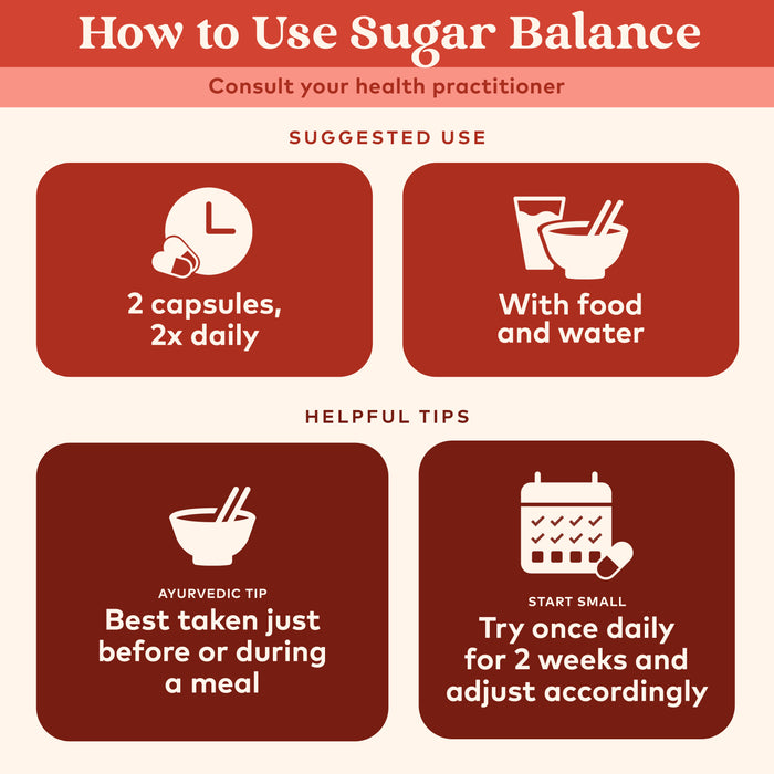 Organic sugar balance supplement use guidance, 2 caps 2x daily but start small if first time.