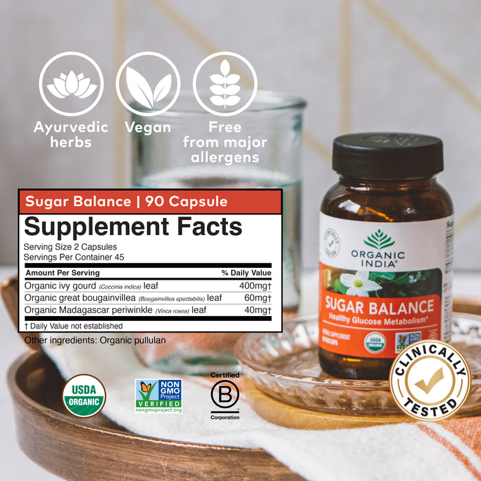 Organic herbal sugar balance supplement facts label, vegan and free of major allergens.