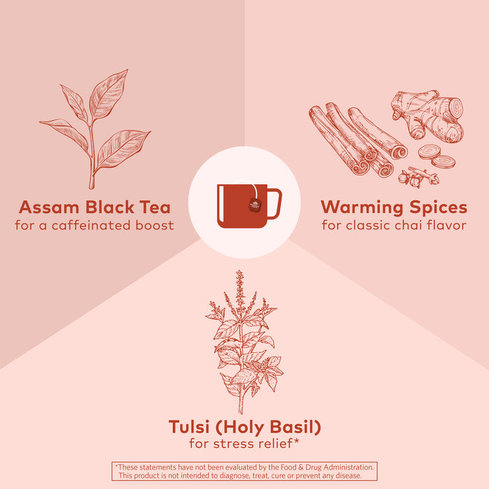 Organic Tulsi Masala Chai Tea, 18 Count, warming and energizing.