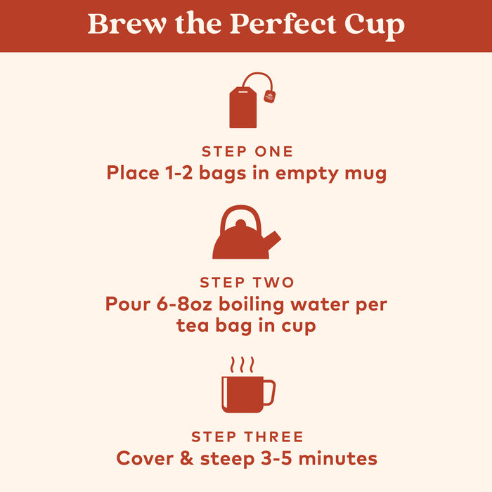 Organic Tulsi Masala Chai Tea, 18 Count, brew instructions cover and steep 3-5 minutes.