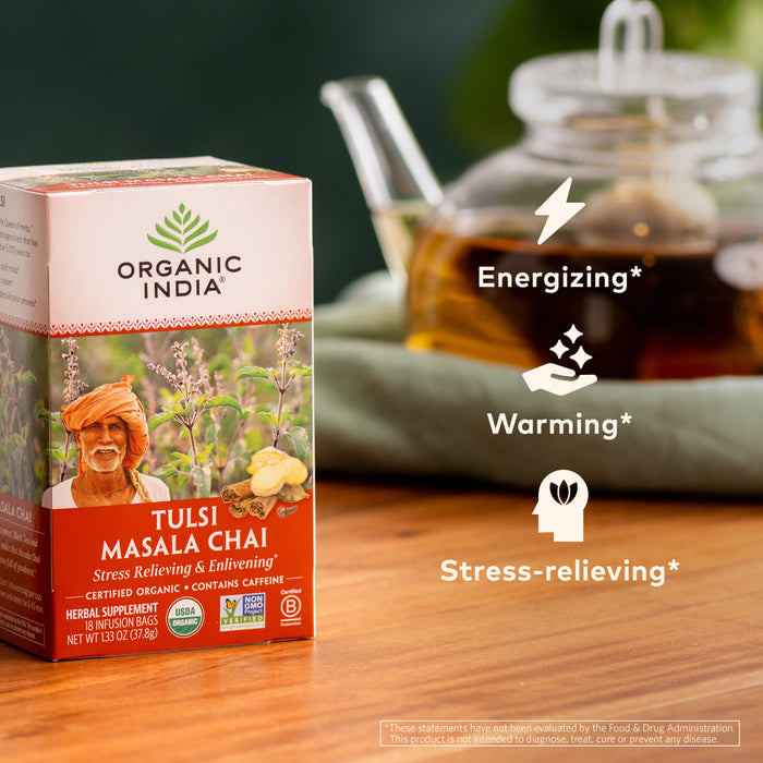 Organic Tulsi Masala Chai Tea, 18 Count, warming and energizing.