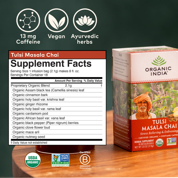 Organic Tulsi Masala Chai Tea, 18 Count, 13 mg caffeine.