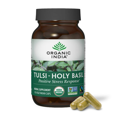 Organic Tulsi Holy Basil capsules 90 count for positive stress response.