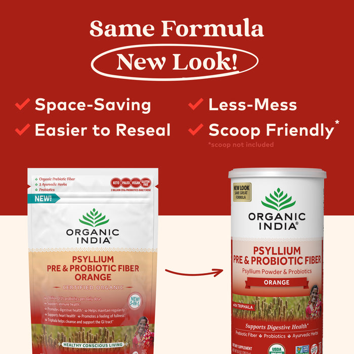 Organic Orange Psyllium Pre & Probiotic Fiber powder now in a canister for easy scooping.