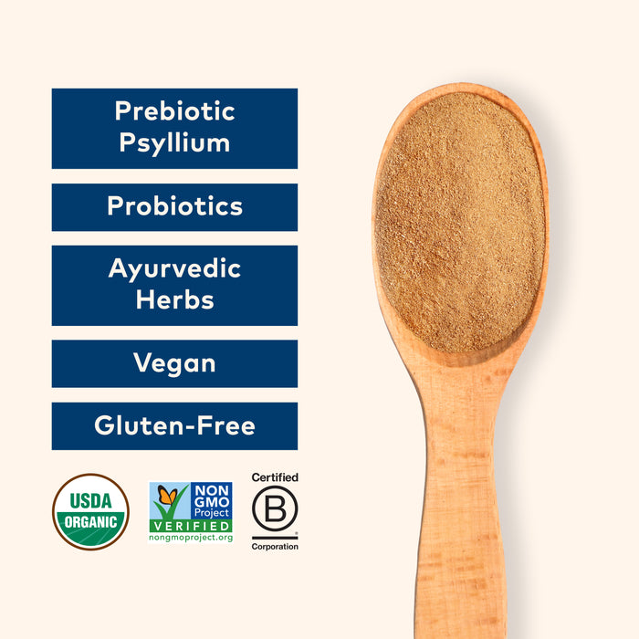 Organic Psyllium pre & probiotic fiber powder scoop, vegan and gluten-free.