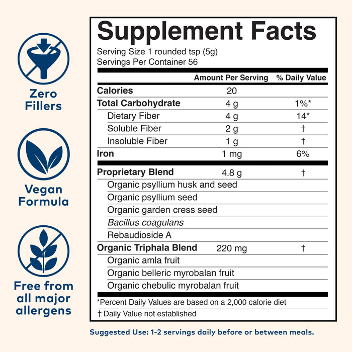 Organic psyllium pre & probiotic fiber powder supplement facts, 1 tsp daily, no fillers, no major allergens, and vegan-friendly.