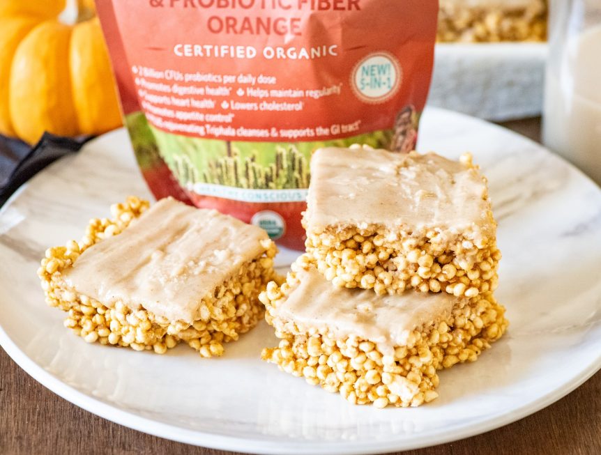 Pumpkin Rice Krispie Treats with Orange Psyllium Frosting