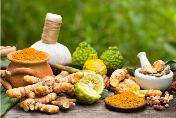 Depicting the 6 tastes of ayurveda with a variety of fruits, spices and herbs.