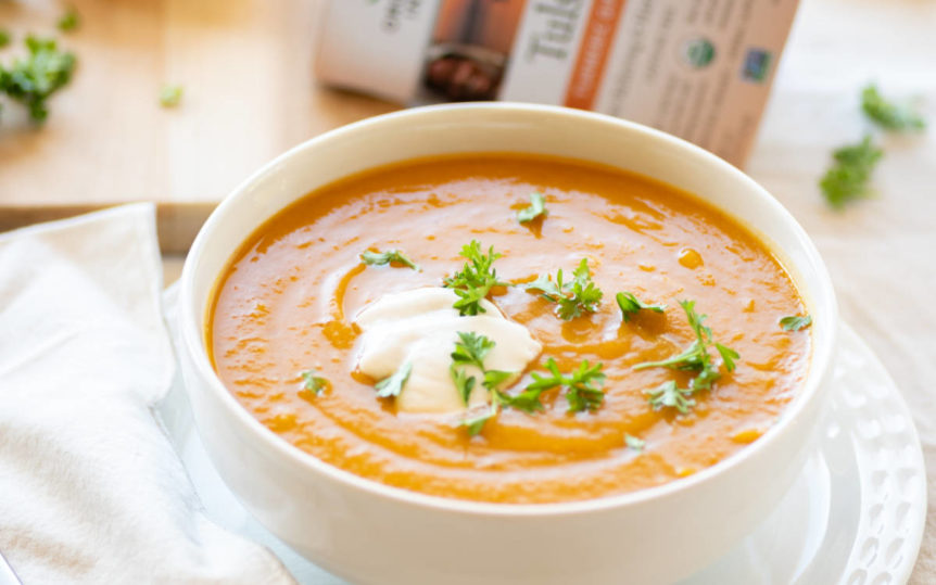 Carrot Sweet Potato Soup with Turmeric and Ginger