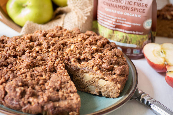 cinnamon apple cake with walnut streusel topping and fresh apple chunks