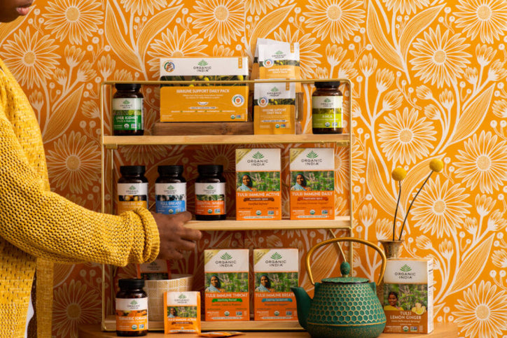 organic india's capsules and supplements stacked in a rack