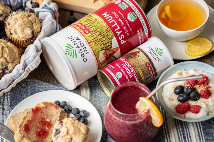organic india psyllium psyllium wholw husk powder on a breakfast table