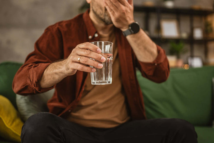 Man taking a capsule with top herbs for prostate wellness on a green couch in his home.