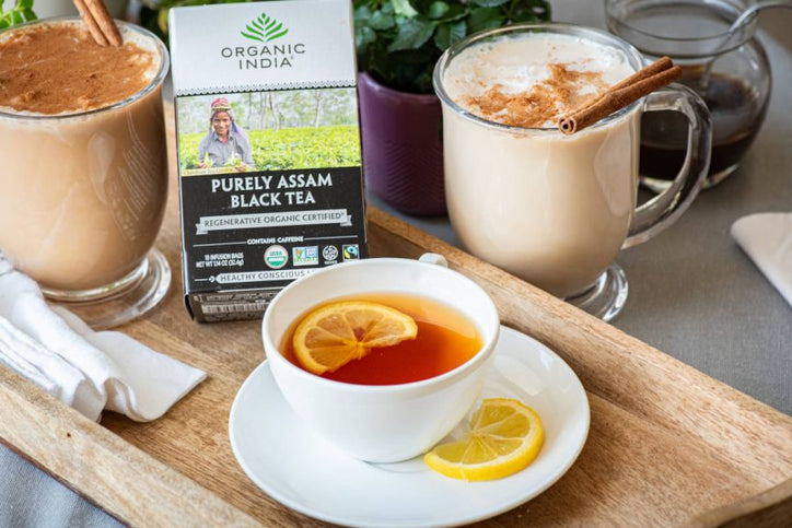 assam black tea with lemon and also frothed as latte with cinnamon stick