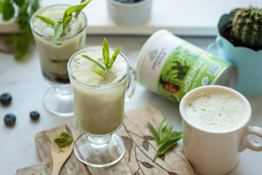 Delicious Matcha Moringa Latte (non-dairy, iced or hot)