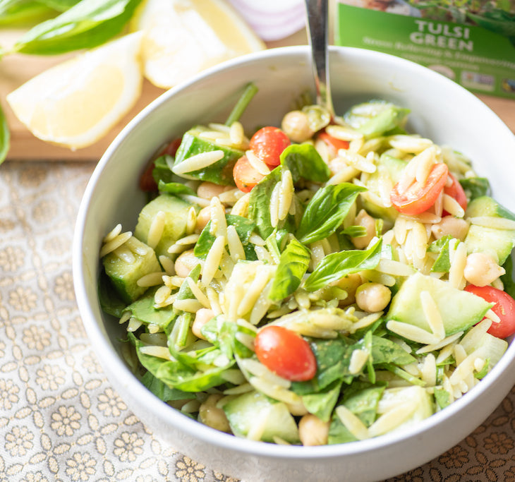 Orzo Salad with Green Tea Basil Vinaigrette