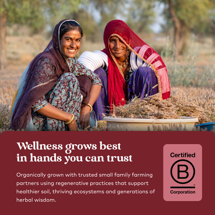 Two smiling women in traditional Indian attire sit outdoors in a field, with a large maroon banner overlay at the bottom containing marketing text and a Certified B Corporation logo.