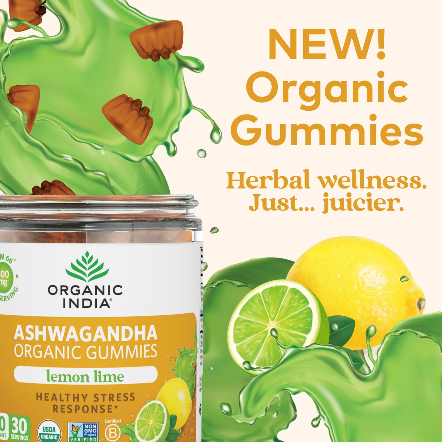 New Organic Ashwagandha gummies with lemon and lime juicy real flavor.