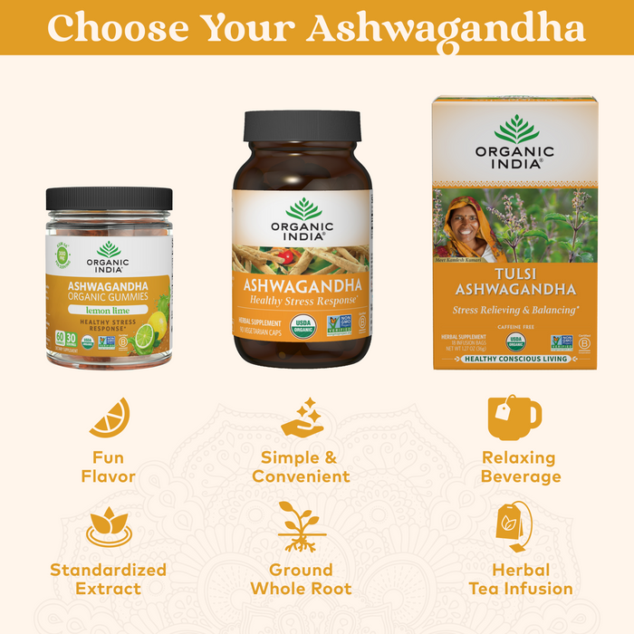 Which ashwagandha to choose gummies, capsules or infusion, with benefits of fun flavor extract, ground whole root or relaxing beverage, respectively. 