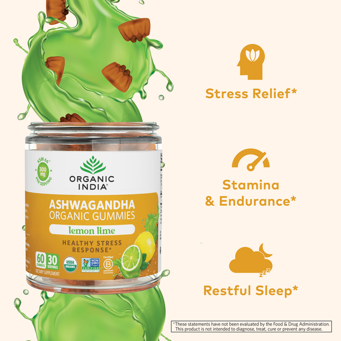 Ashwagandha Organic Gummies in Lemon Lime flavor for healthy stress response, stamina by day and restful sleep by night.