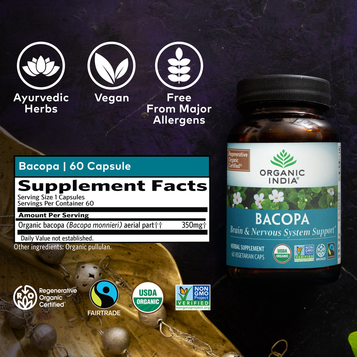 bacopa capsules supplement facts, just 350mg of organic bacopa aerial parts