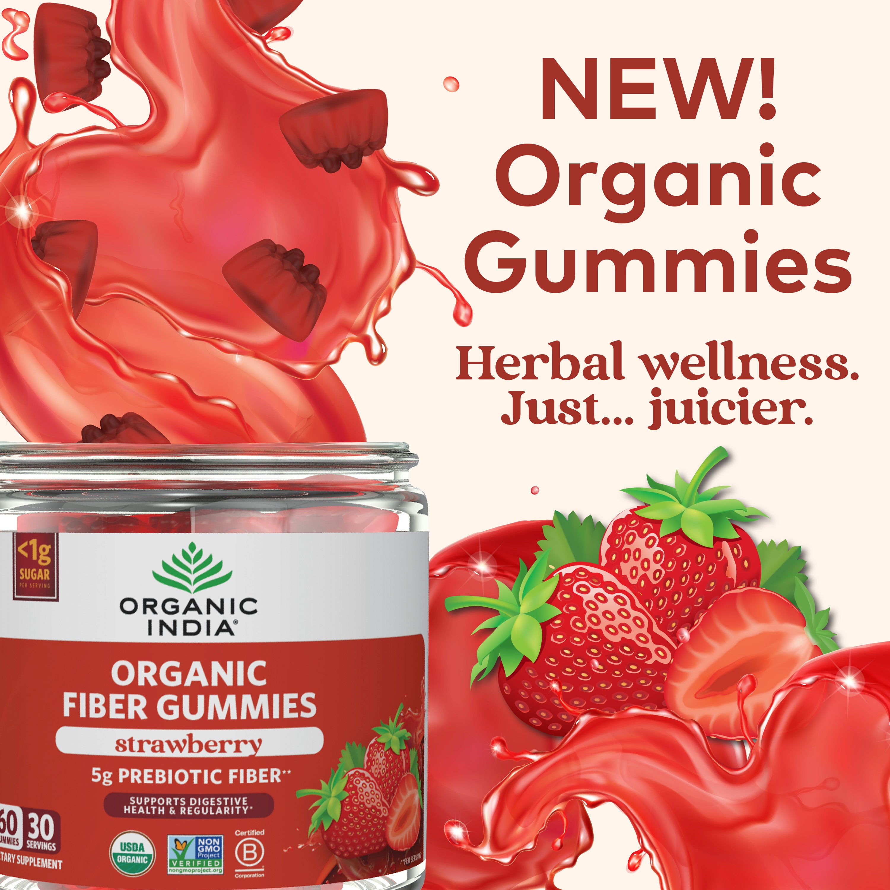 Organic gummies organic fiber gummies strawberry flavor for deliciously juicy wellness.