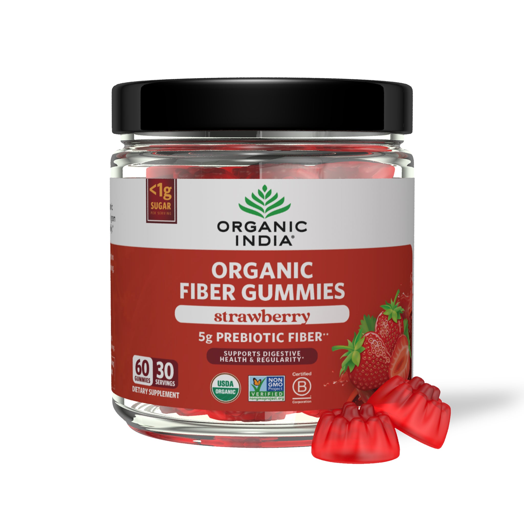 Organic Fiber Gummies strawberry flavor in glass jar with 5g of prebiotic fiber for digestive support.