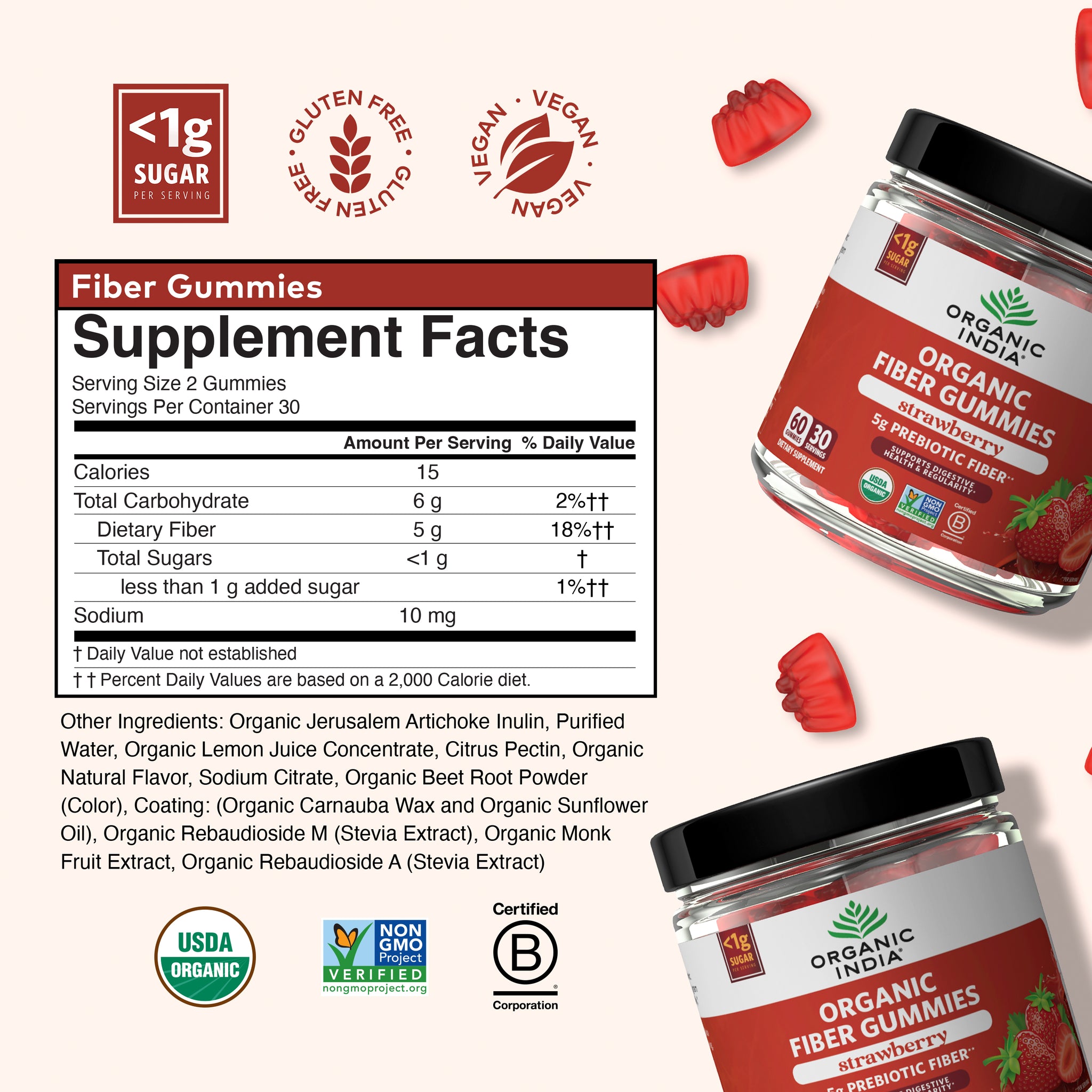 Organic India organic fiber gummies supplement facts 2 gummies daily, vegan and gluten free.