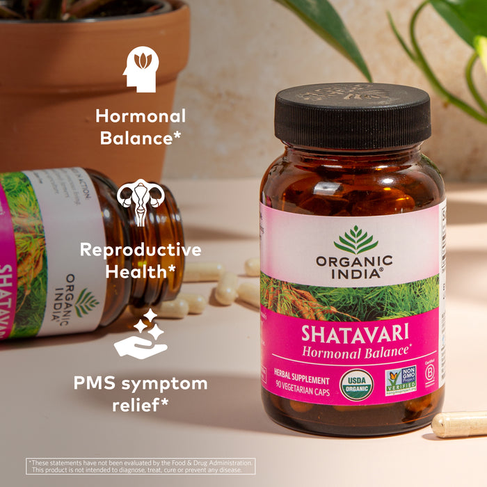 Organic shatavari capsules for women's health, pms and hormonal balance supplement.