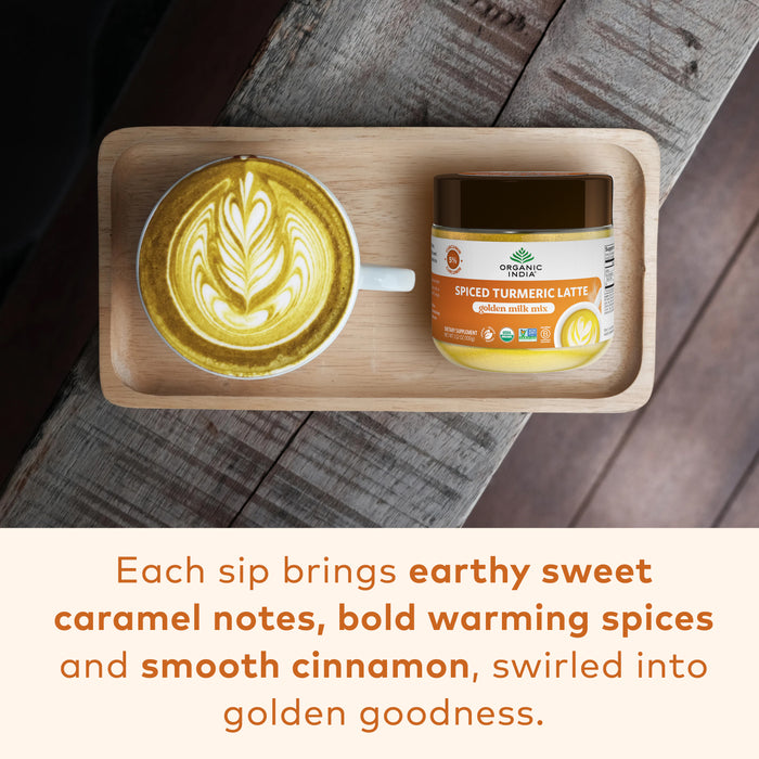 Organic spiced turmeric latte in glass jar with caramel notes, smooth cinnamon and bold spices.