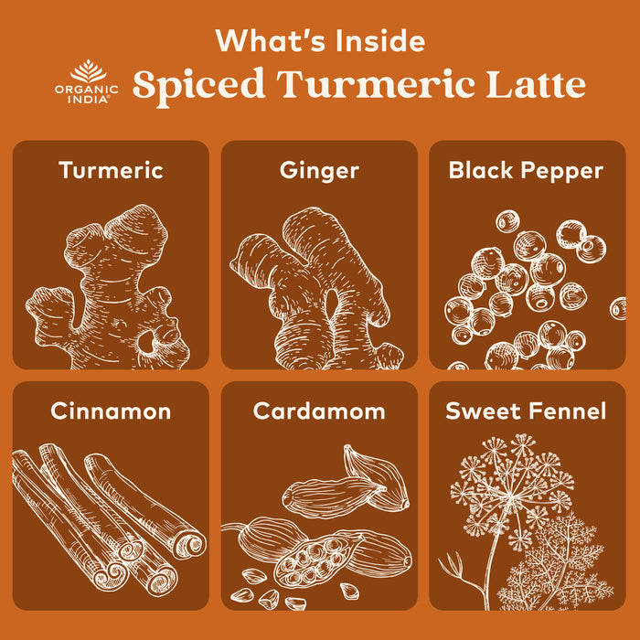 Illustrated ingredients inside the spiced turmeric latte, including turmeric, ginger, black pepper, cinnamon, cardamom, and sweet fennel.