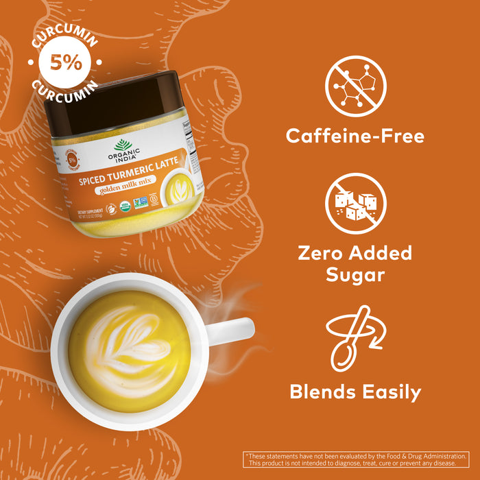 Organic Spiced turmeric latte powder, golden milk mix, caffeine-free with no sugar added and easy frothing. 