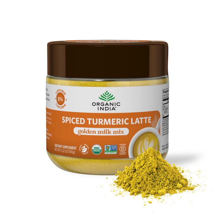 Organic spiced turmeric latte powder, golden milk mix with 5 percent curcumin.