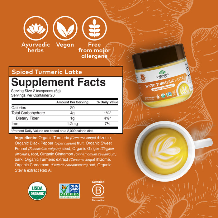 Organic Spiced turmeric latte supplement facts, 2 teaspoons daily, vegan and free from major allergens.