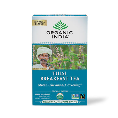 Organic Tulsi Breakfast tea, now with bacopa for focus, caffeinated and fairtrade.