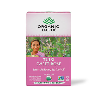 Organic Tulsi Sweet Rose Tea, 18 Count, Caffeine-Free herbal infusion, floral.