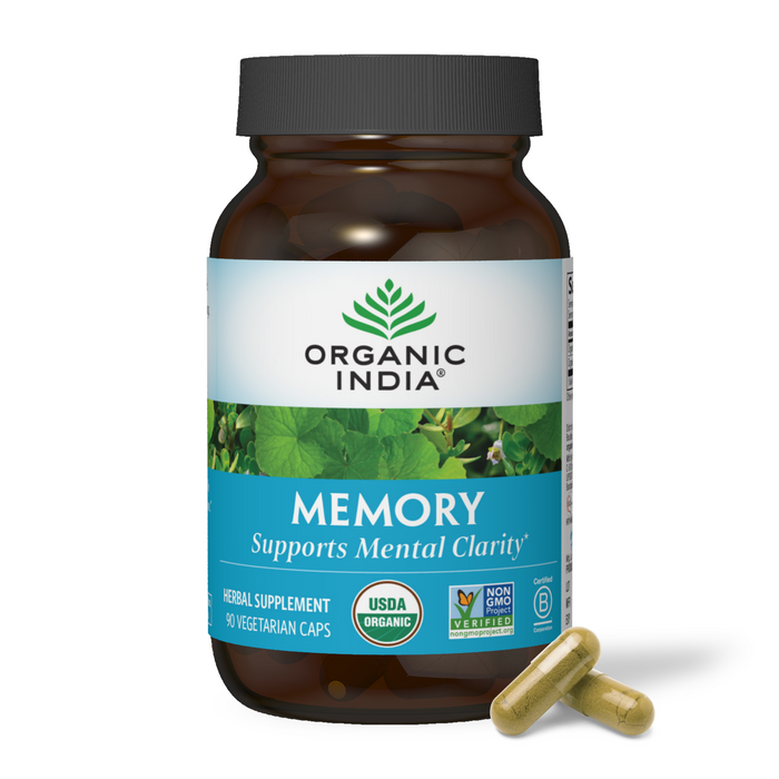 Organic memory support herbal capsules for mental clarity in glass supplement jar