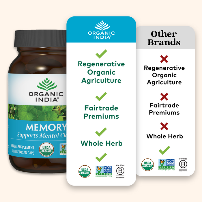 Organic memory supplement herbal support capsules whole herbs regeneratively grown and fairly traded.