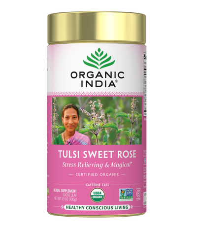 Organic Tulsi Sweet Rose Tea, Loose Leaf Canister, 3.5 ounces, caffeine-free.